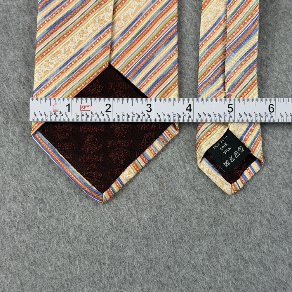 Vintage Versace Silk Tie Medusa Logo Multicolor Striped Made Italy Mens 56x3.6" - Picture 6 of 8